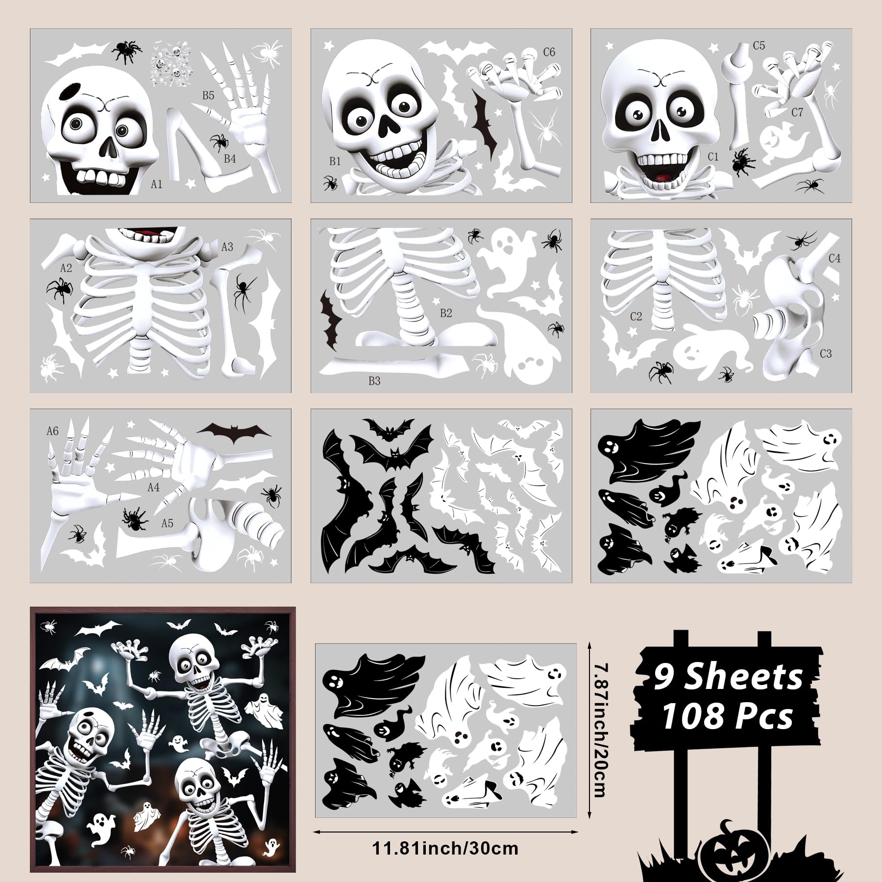 108-Piece Halloween Window Decals – Ghosts, Bats & Skeletons Static Clings for Home, Party & Car Decorations 👻🕸️