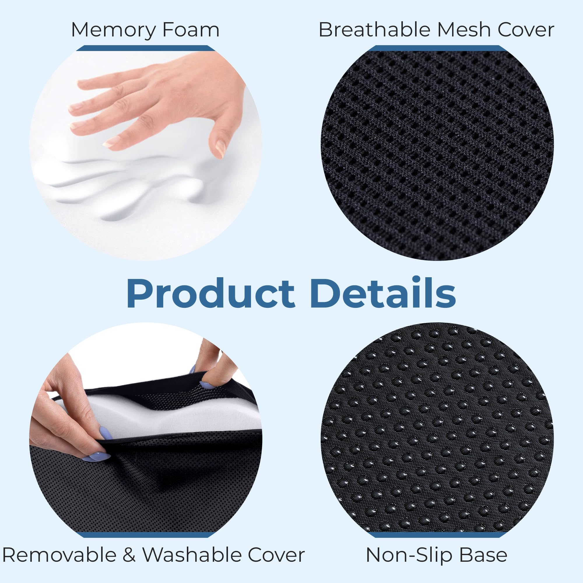 Ergonomic Memory Foam Seat Cushion for Office Chair Coccyx Support Sciatica & Tailbone Pain Relief with Breathable Mesh Cover
