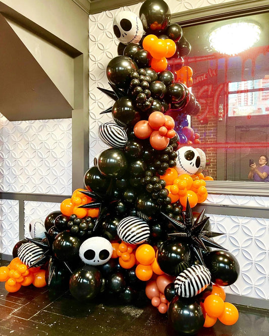 Halloween Balloon Arch Garland Kit – 144pcs Black & Orange Balloons with Polka Dots, Eyes & Confetti for Party Decoration