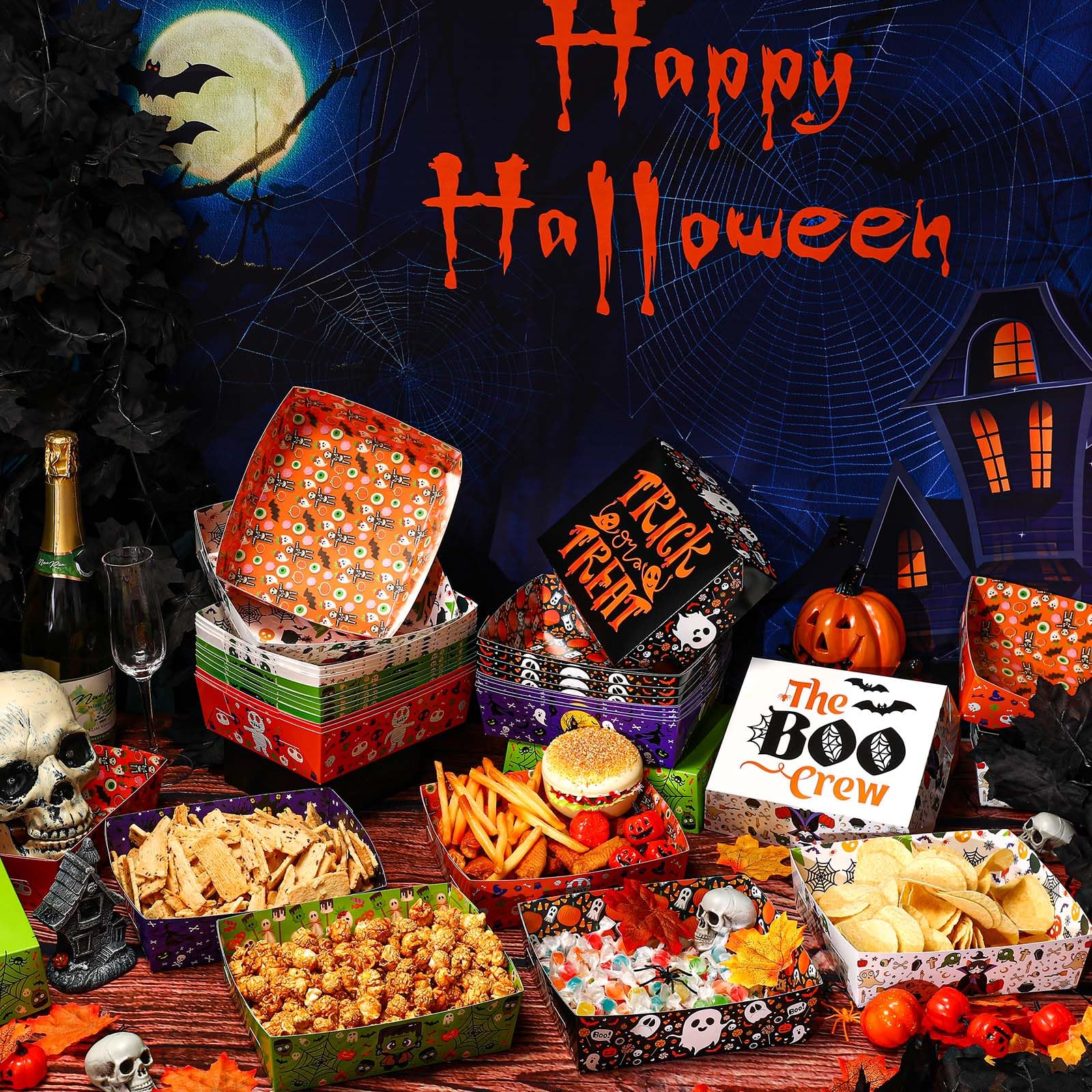 25-Pack Halloween Paper Bowls – Disposable Snack & Treat Holders (Pumpkin, Ghost & Skeleton Designs)