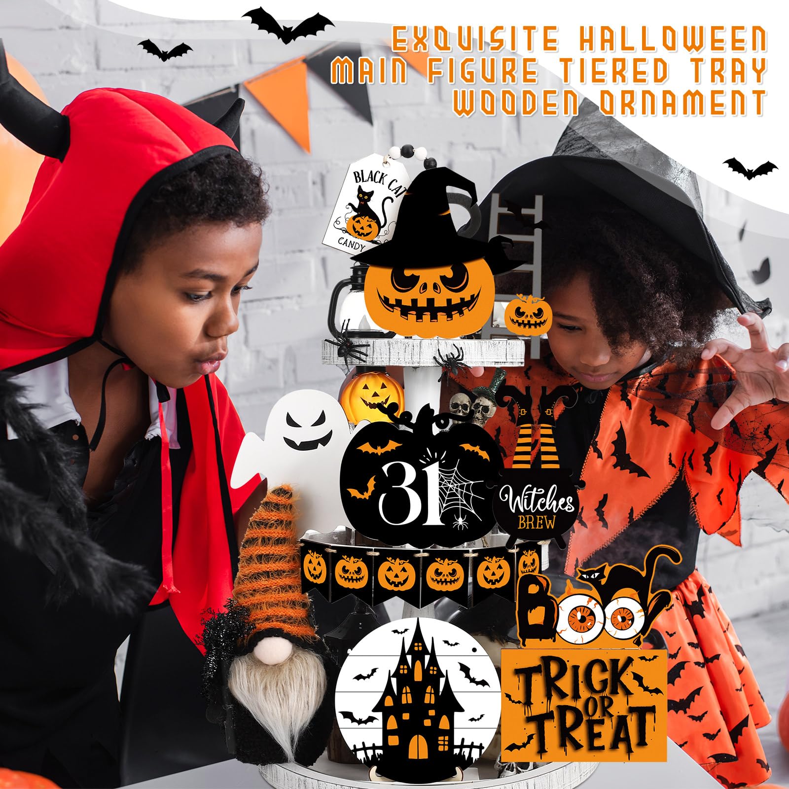 Halloween Tiered Tray Decorations Set (18 Pcs) 🎃 – Rustic Wooden Signs & Plush Gnome for Farmhouse Home Décor