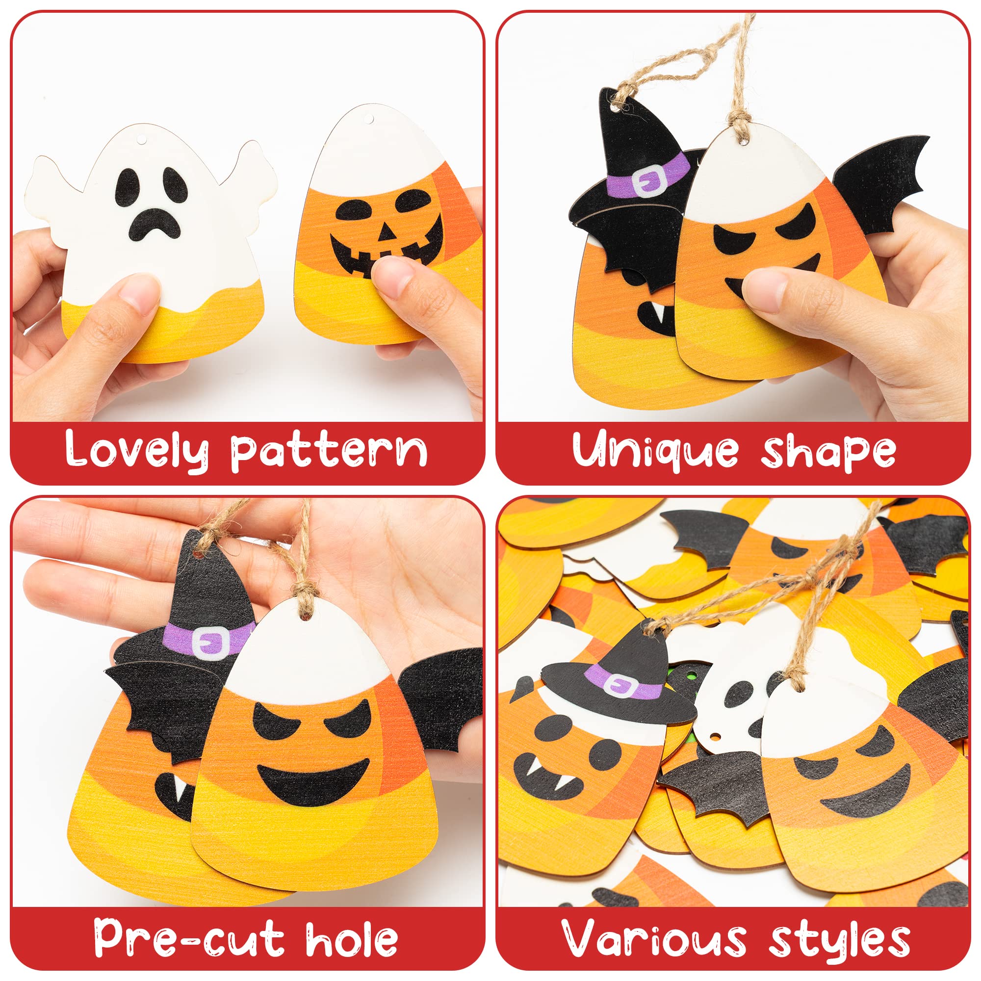 24PCS Halloween Candy Corn Wooden Ornaments – Cute Kawaii Candy Theme Hanging Decorations with Burlap Rope (8 Styles, Orange)