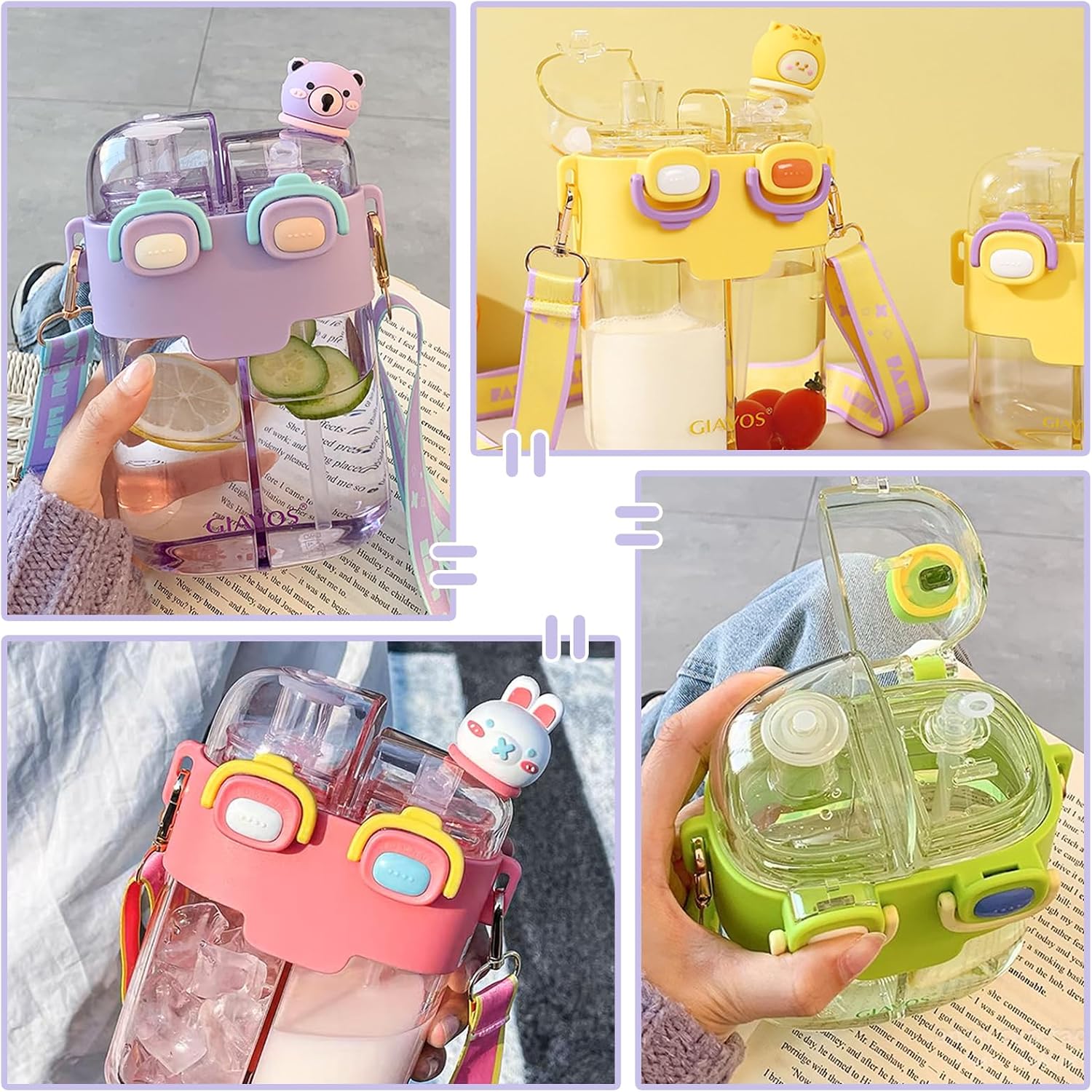26 oz Kids Bear Water Bottle with Straw, Dual Compartments, Leakproof Lock and Adjustable Strap