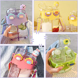 26 oz Kids Bear Water Bottle with Straw, Dual Compartments, Leakproof Lock and Adjustable Strap
