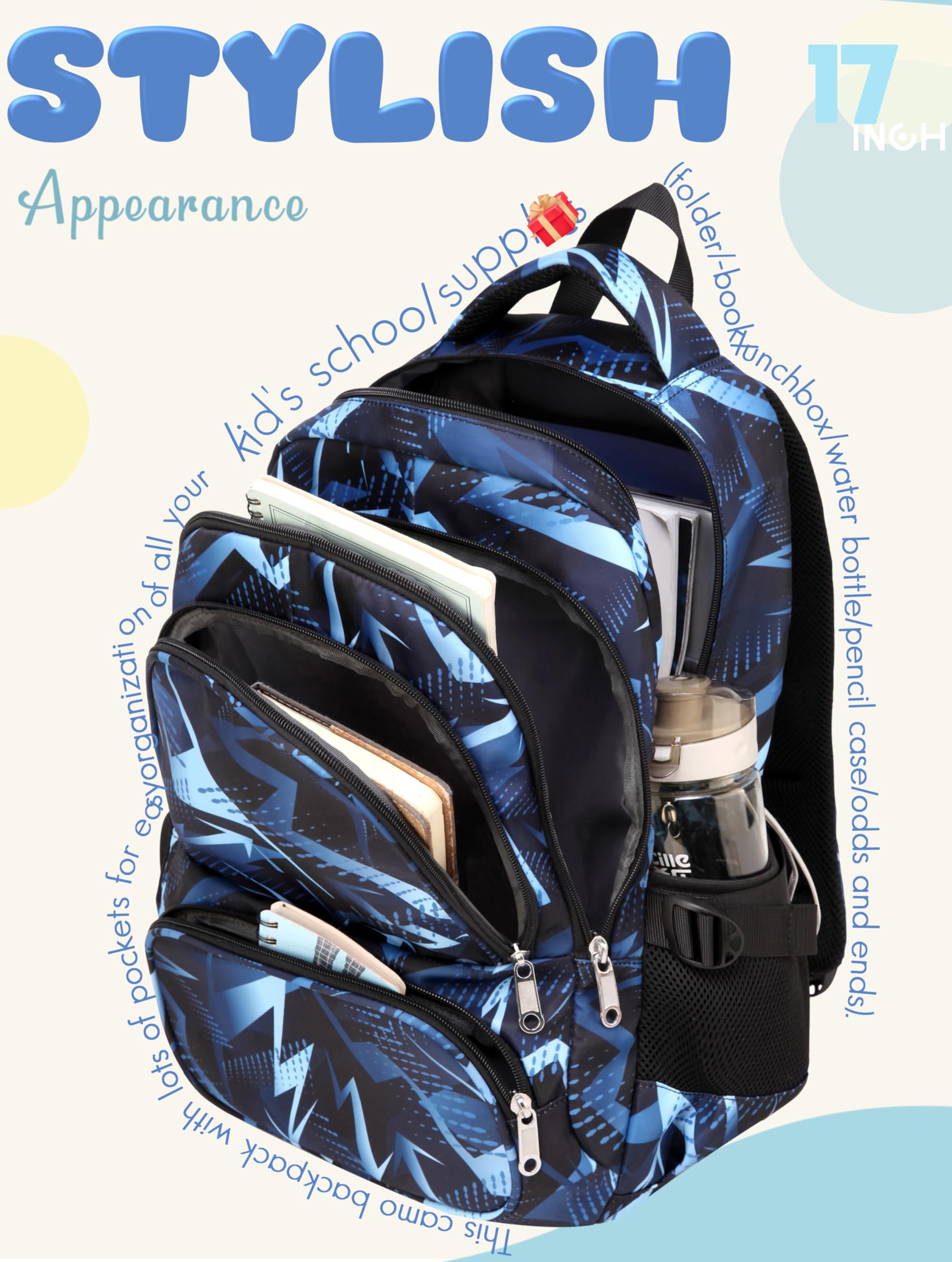 Bluefairy Kids School Backpack with Laptop Compartment, Ergonomic S-Straps, Lightweight Bookbag for Ages 6–12