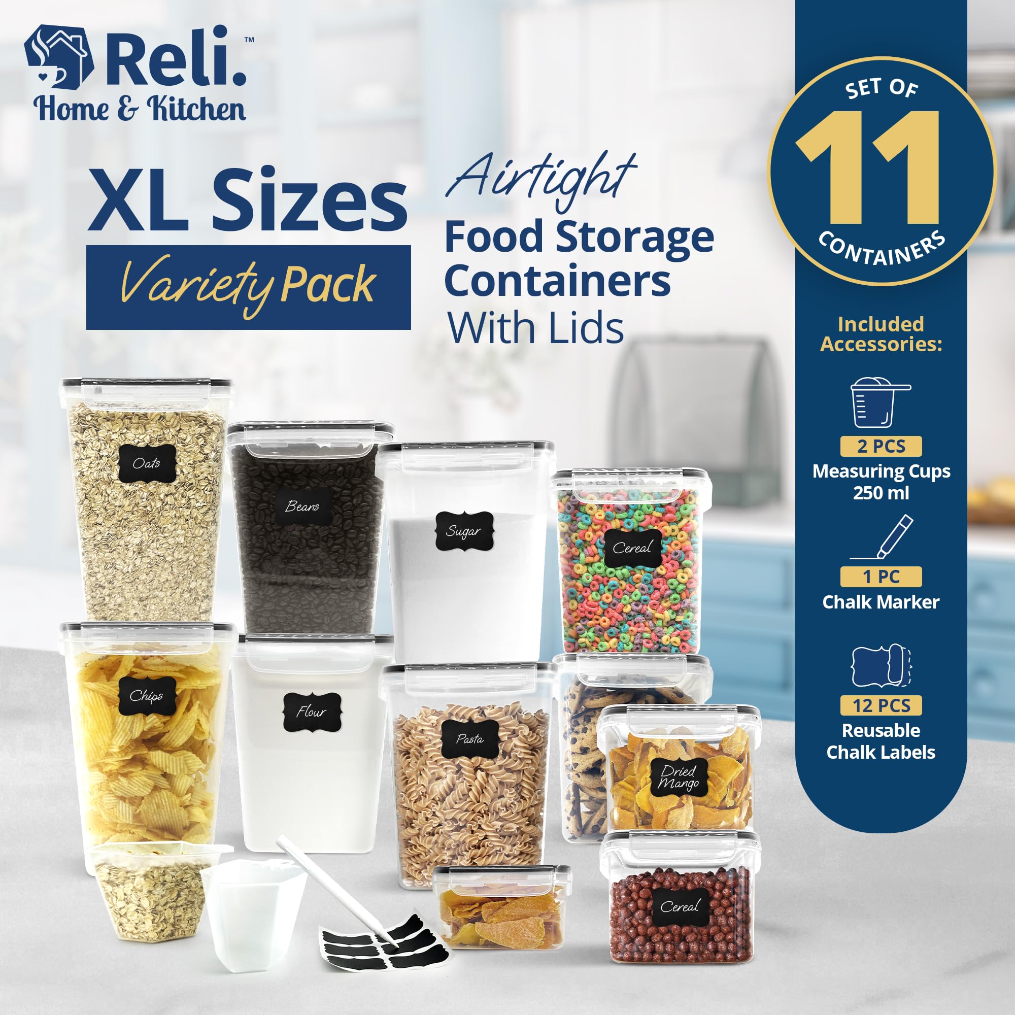 11-Piece XL Airtight Food Storage Containers Set – BPA-Free Leak-Proof Stackable Pantry Organizer with Labels