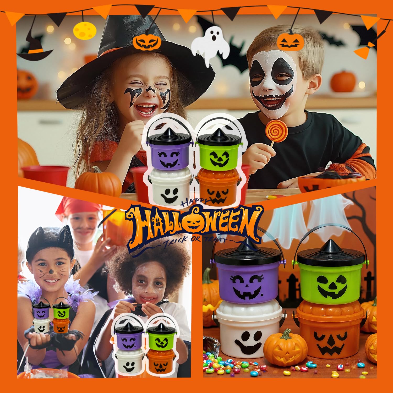 4-Pack Mini Halloween Candy Buckets – Pumpkin, Ghost, Witch & Monster Design Trick-or-Treat Set