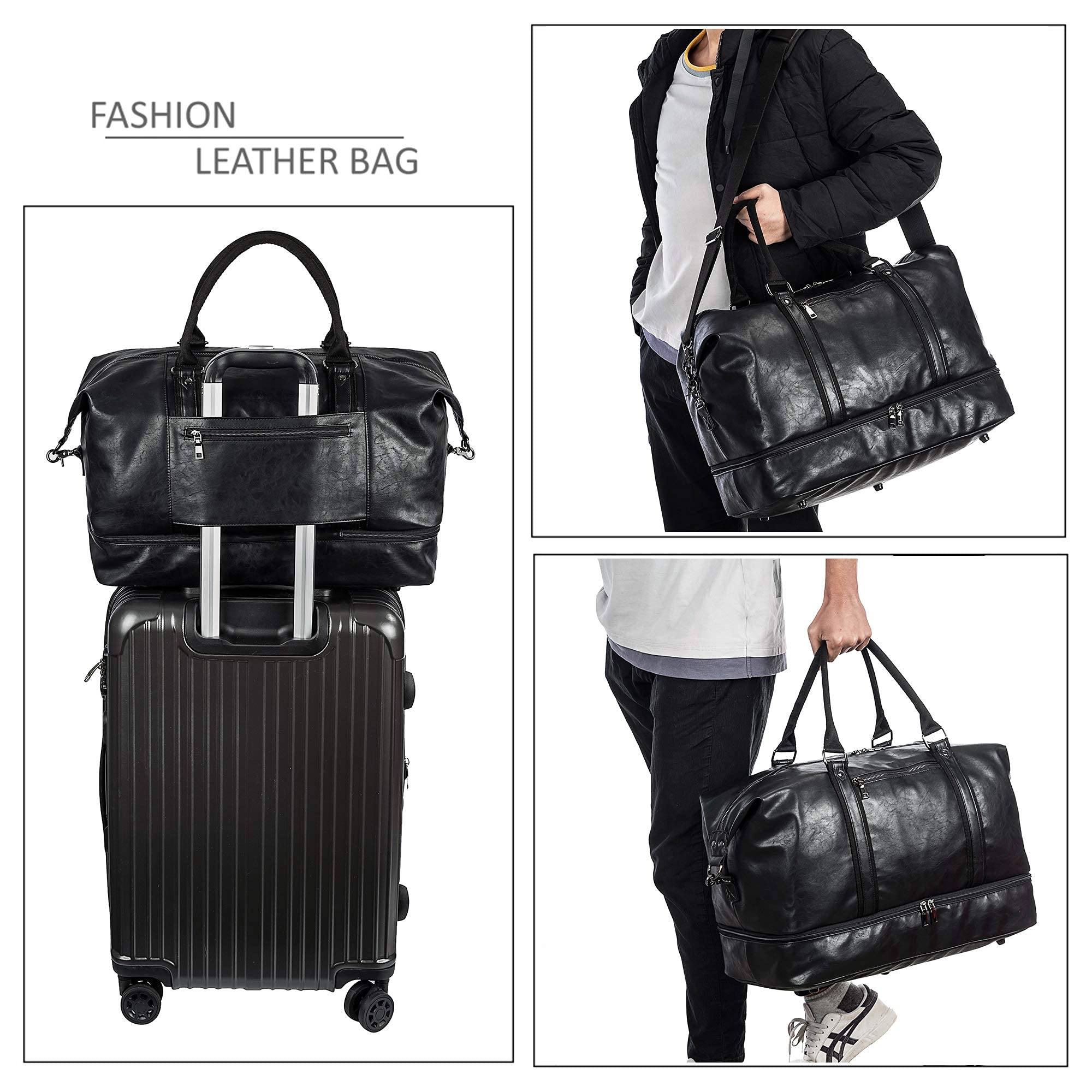 Leather Travel Duffel Bag with Shoe Compartment – Large Waterproof PU Weekender Carry-On Bag (Black)