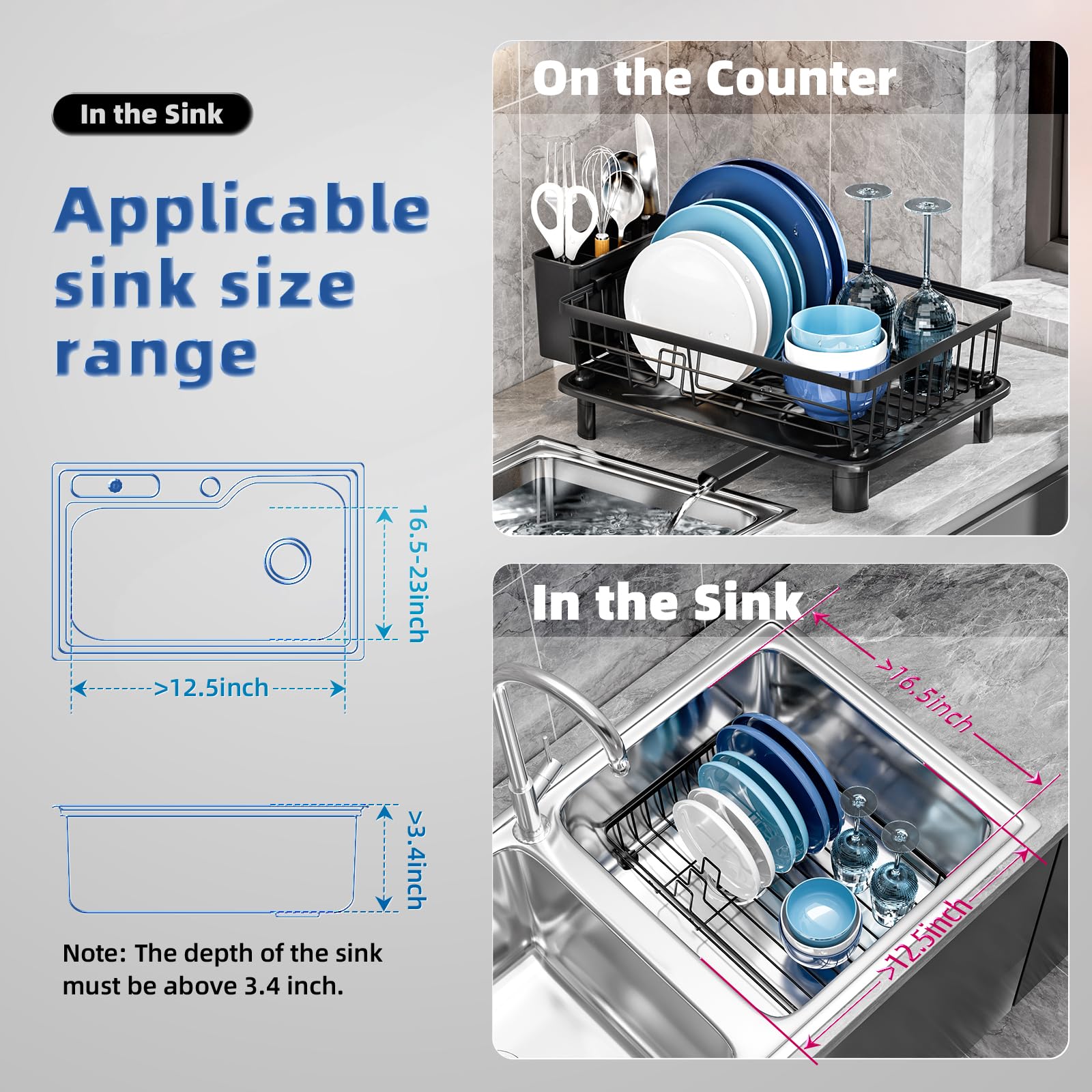 GAOKASE Stainless Steel Dish Drying Rack – Space-Saving 1-Tier Kitchen Counter Dish Drainer with Utensil Holder (Black)