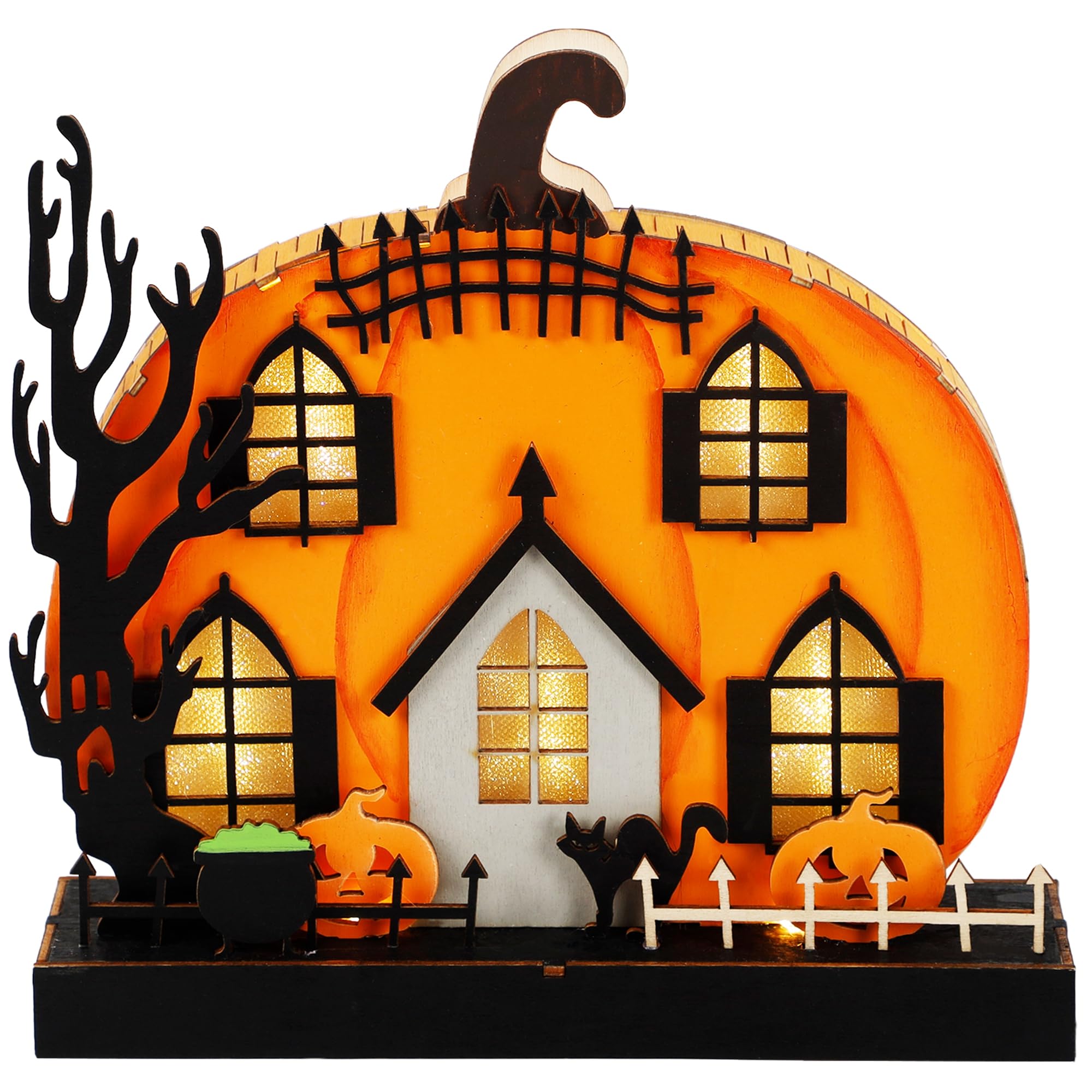 Lulu Home Light-Up Wooden Pumpkin House 🎃 Halloween Tabletop Décor with Ghosts, Cat & Witch Pot