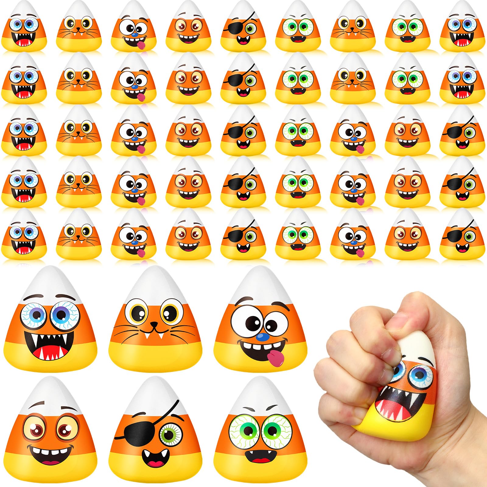 24 Pcs Mini Candy Corn Stress Relief Toys – Halloween Fidget Balls with Funny Expressions (Soft PU Foam, Party Favors & Anxiety Relief)
