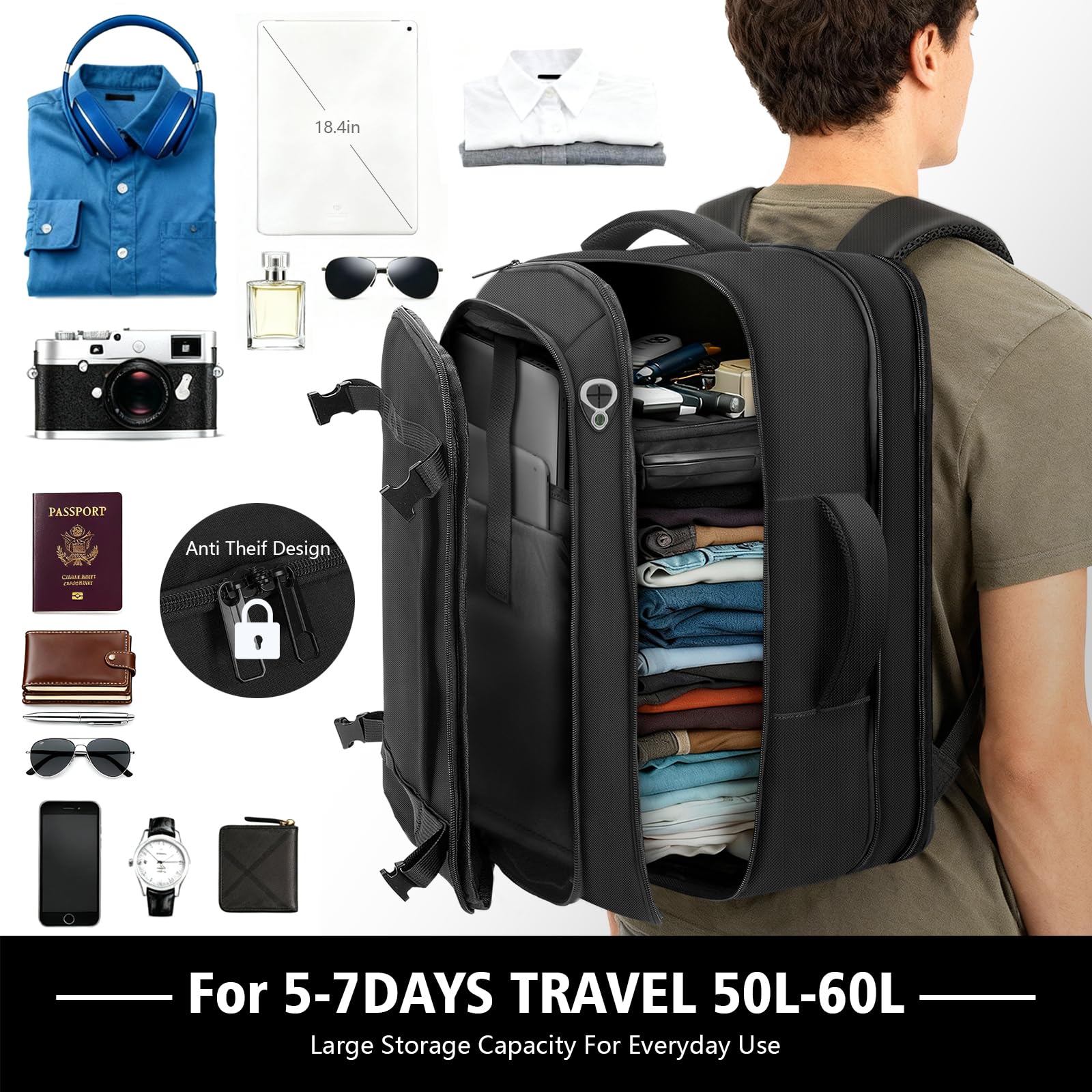 50–60L Expandable Carry On Travel Backpack with TSA Lay-Flat Opening and 18.4” Laptop Compartment – Black