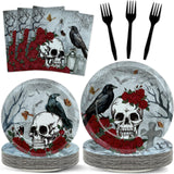 Halloween Gothic Tableware Set – 96 Pcs Plates, Napkins & Forks with Skull, Rose & Crow Design