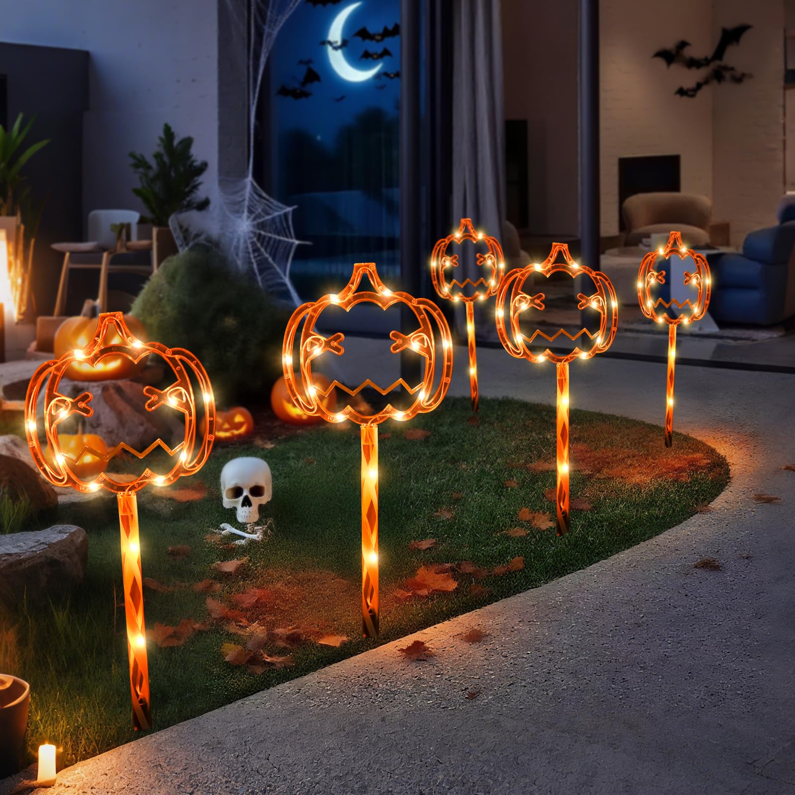 Jack-O’-Lantern Halloween Pathway Lights – 8.8ft Orange LED Pumpkin Stakes with Timer & 8 Lighting Modes (Battery Operated, Waterproof)