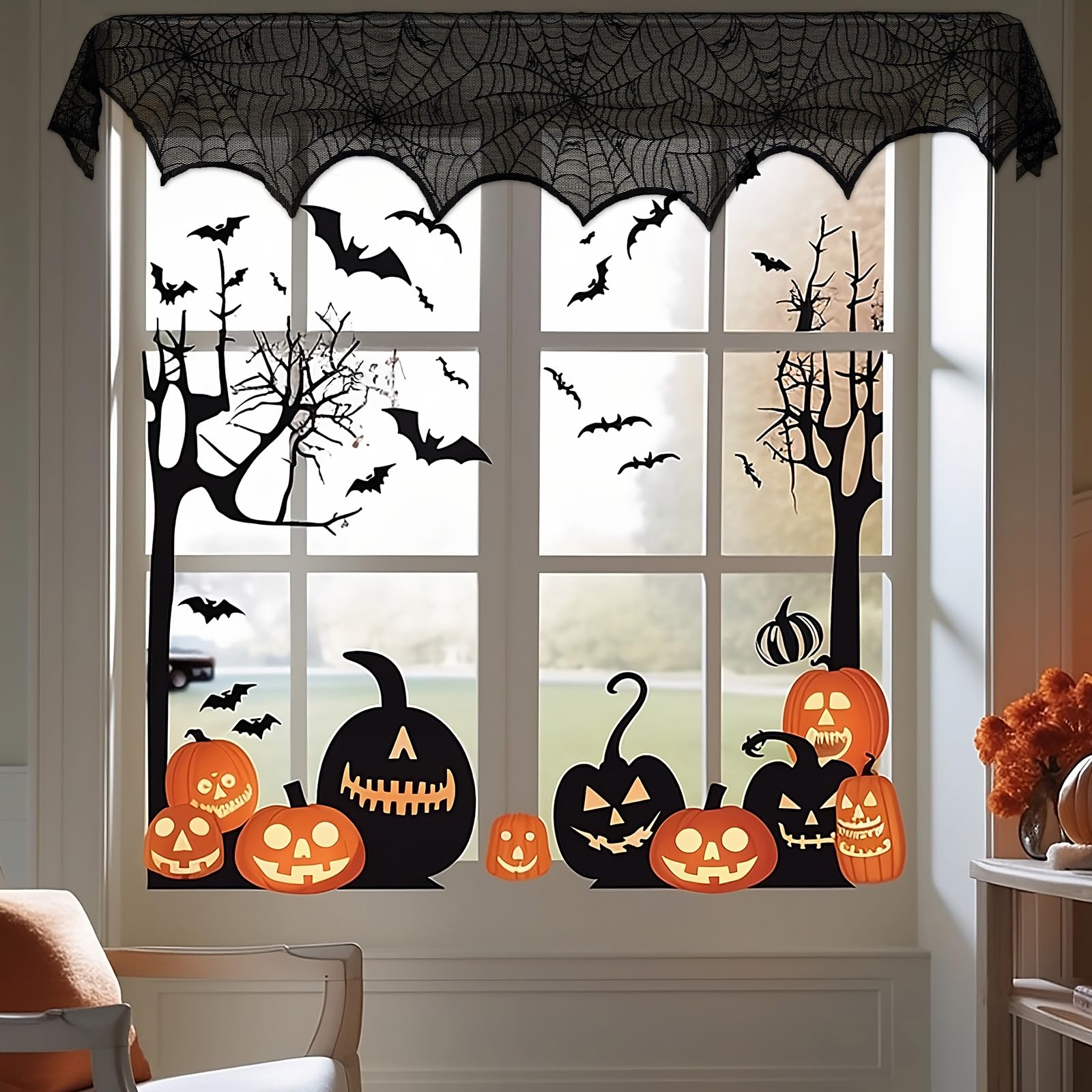 Black Lace Spider Web Mantel Scarf – Elegant Halloween Fireplace Decoration for Spooky Home Décor (18x96 Inches)