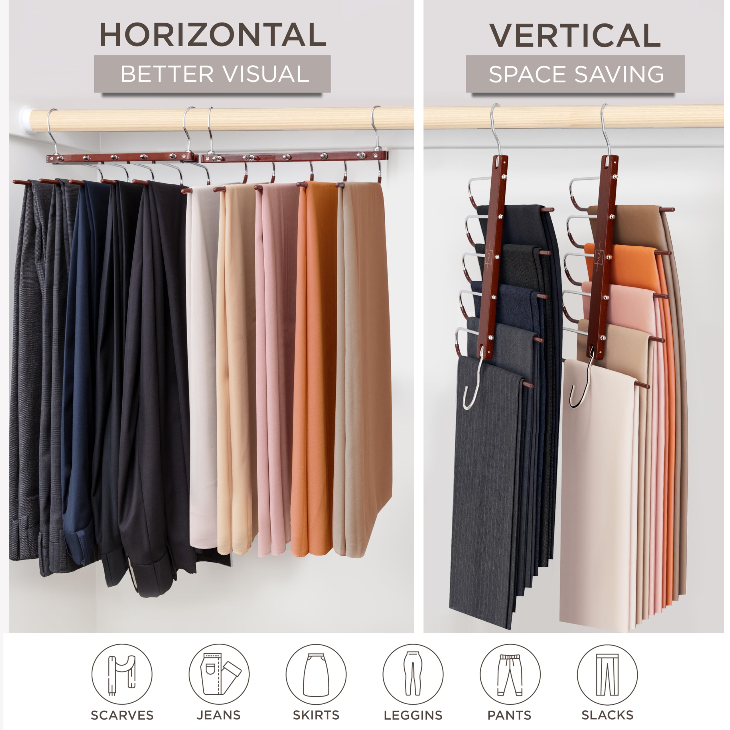 MORALVE Beechwood Pants Hangers 2-Pack – 5-Tier Space-Saving Closet Organizer with 360° Swivel Hook (Mahogany)