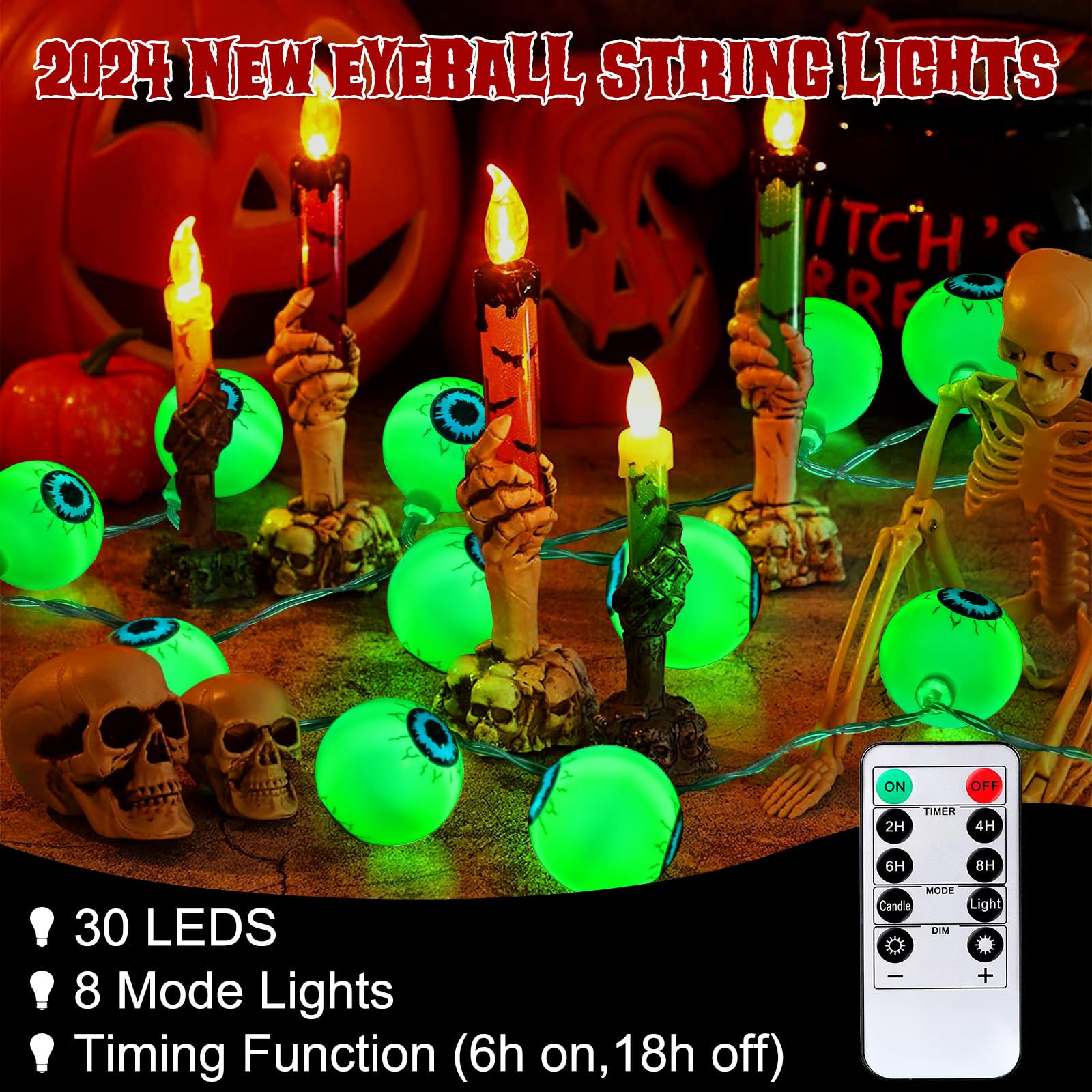 17Ft Green Halloween Eyeball String Lights – 30 LED 3D Bloodshot Eyes with Remote, 8 Modes & Timer for Spooky Décor