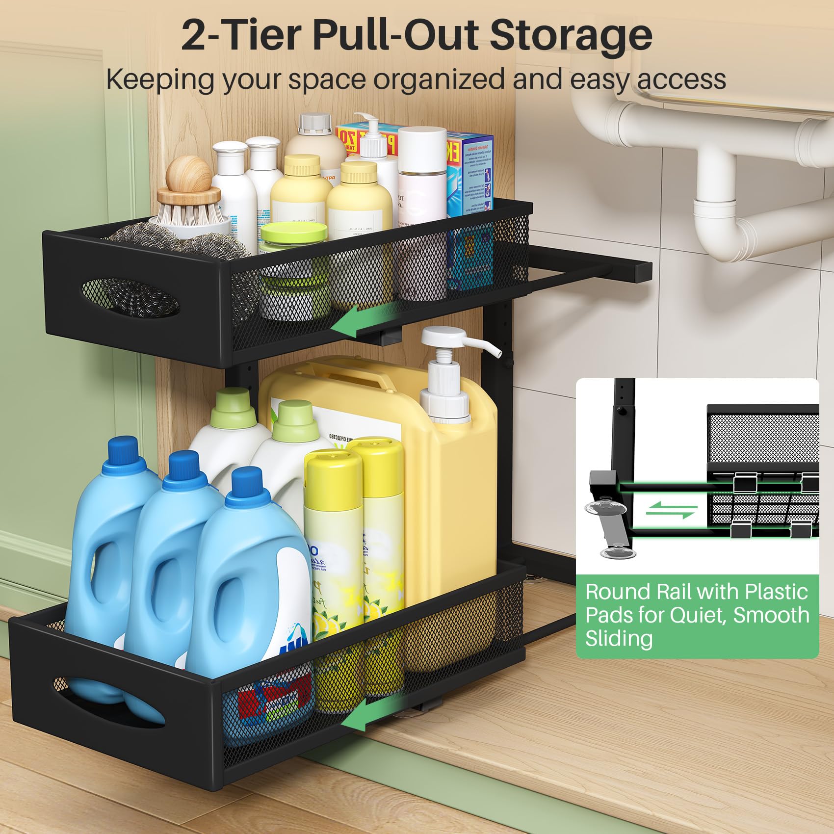 2-Tier Under Sink Organizer with Mesh Slide-Out Drawers – Heavy-Duty Adjustable Cabinet Storage (Black)