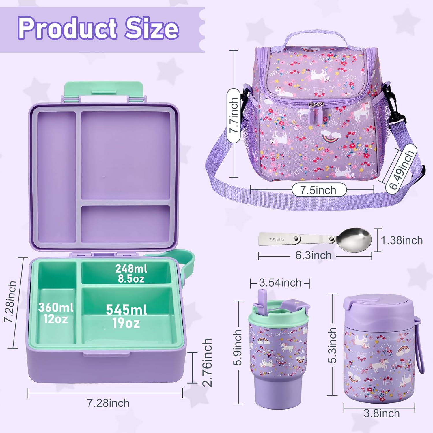 Kids Bento Lunch Box Set with 3 Compartments, 17 oz Food Jar, Insulated Bottle, Lunch Bag and Ice Pack