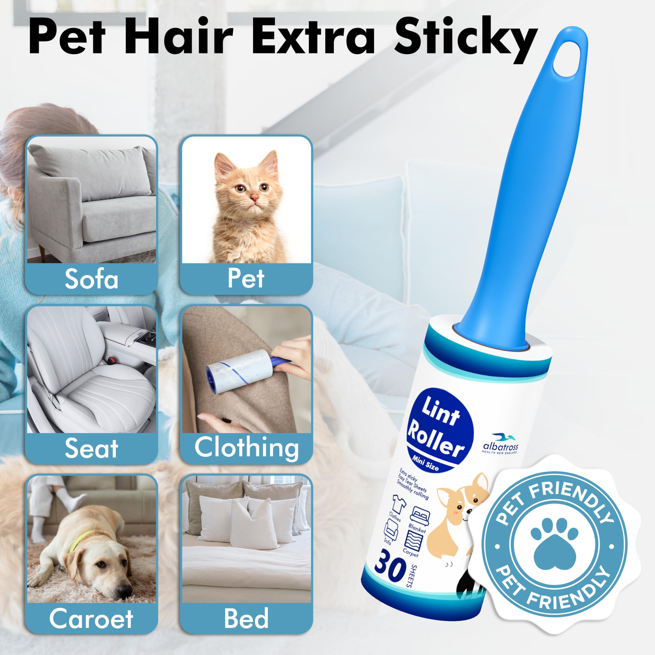 Travel Lint Roller for Pet Hair – Extra Sticky Mini Lint Remover with 150 Sheets for Clothes, Furniture & On-the-Go Cleaning (Blue)
