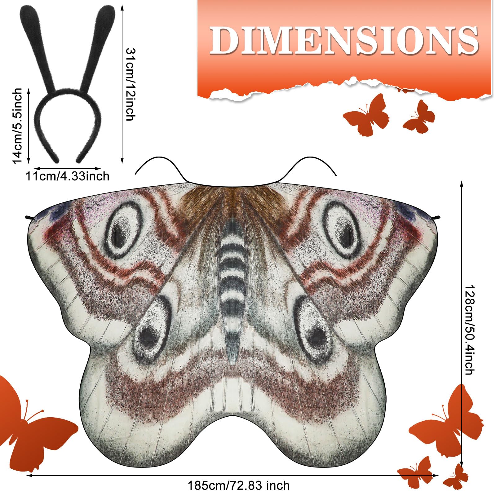 Butterfly Wings & Moth Antenna Costume Set for Women – Chiffon Cape with Headband (Halloween & Cosplay Accessory)