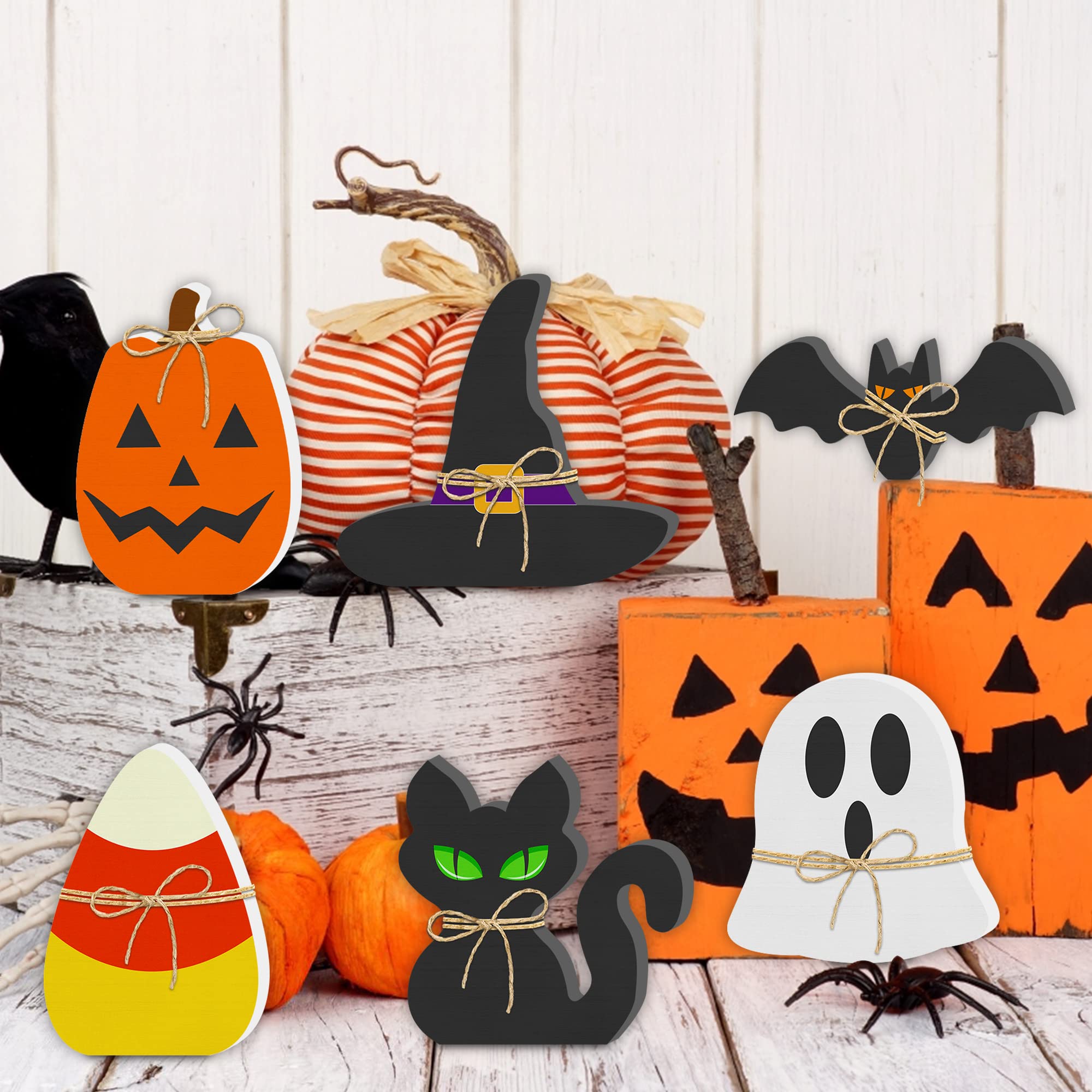 Halloween Wooden Tiered Tray Decor Set – 6PCS Rustic Signs (Pumpkin, Ghost, Cat, Bat, Witch Hat & Candy Corn)