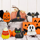 Halloween Wooden Tiered Tray Decor Set – 6PCS Rustic Signs (Pumpkin, Ghost, Cat, Bat, Witch Hat & Candy Corn)
