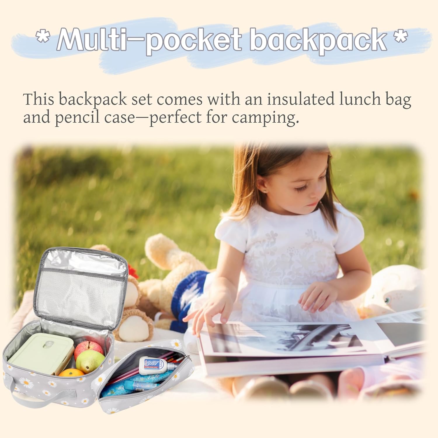 Daisy Print School Backpack Set with Insulated Lunch Bag