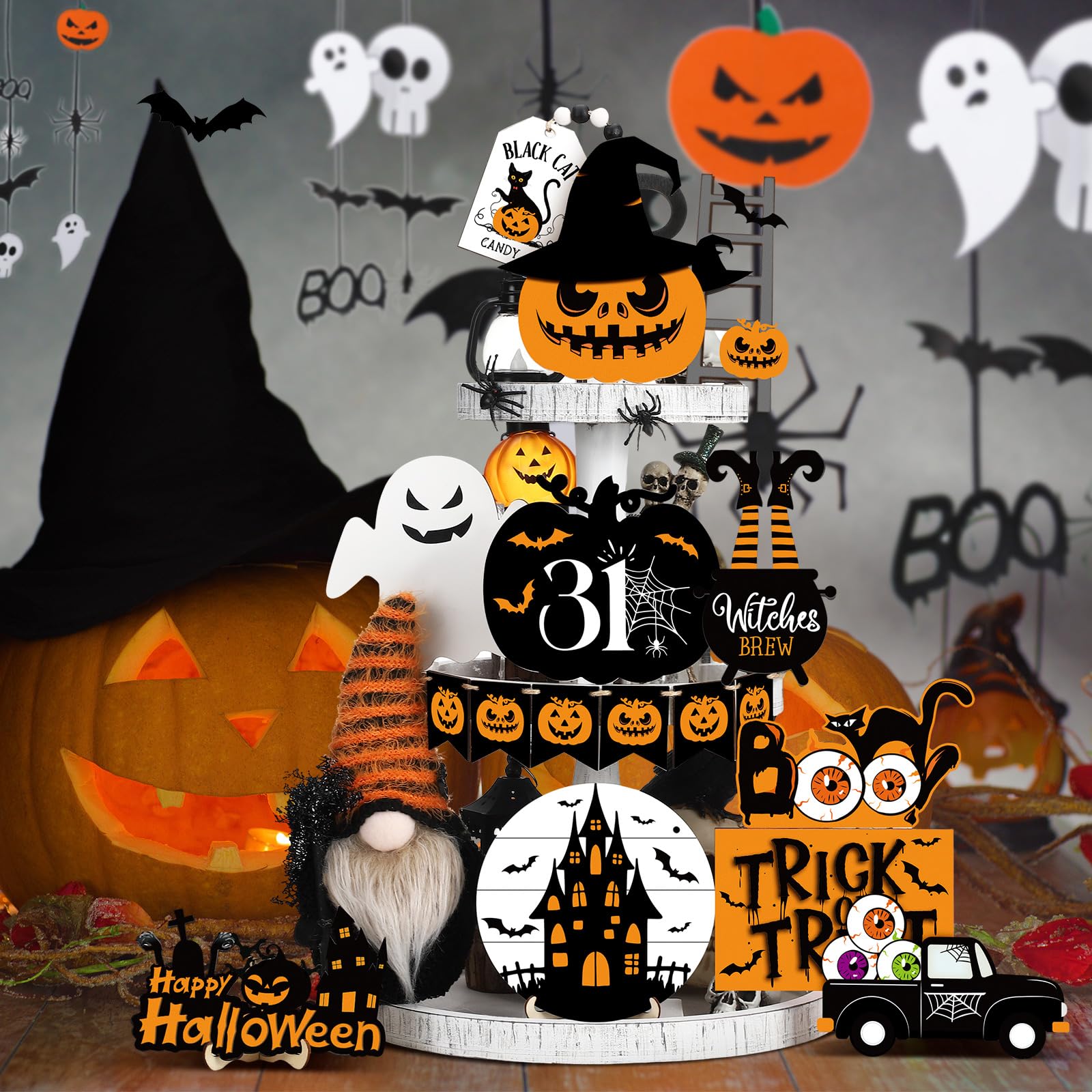 Halloween Tiered Tray Decorations Set (18 Pcs) 🎃 – Rustic Wooden Signs & Plush Gnome for Farmhouse Home Décor