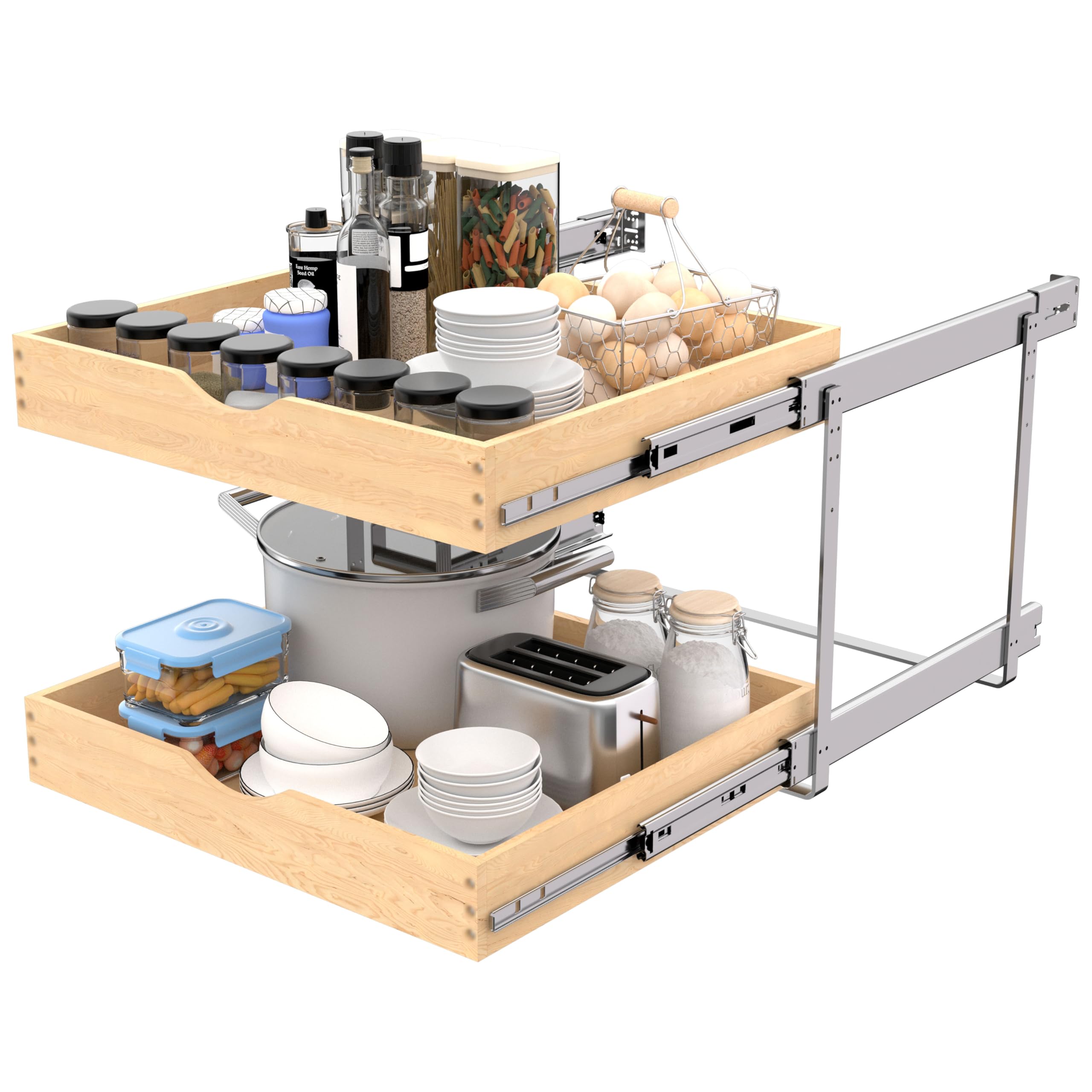 Jowboow 2-Tier Wooden Pull-Out Cabinet Shelves – Independent Slide-Out Drawers with Heavy-Duty Glide System