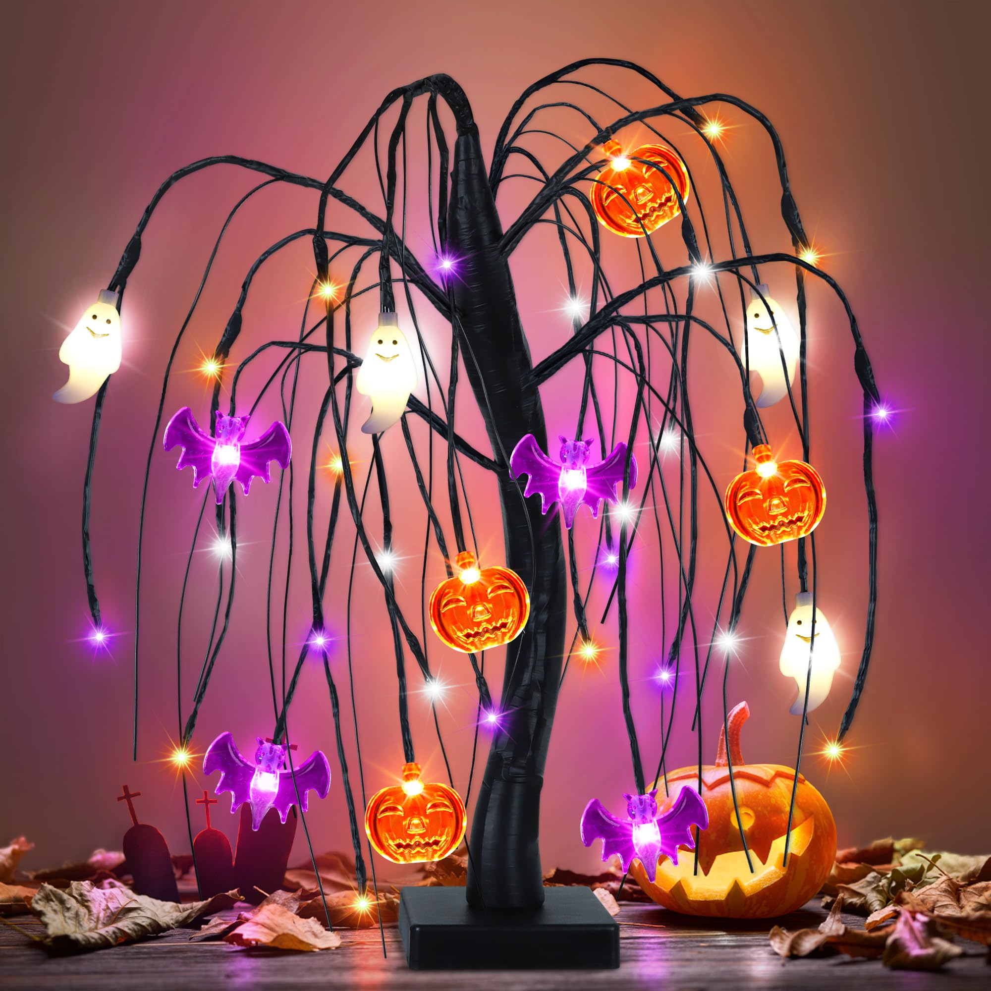 Light-Up Halloween Tree – 24 LED Black Willow Tree with Pumpkin, Bat & Ghost Ornaments (USB & Battery Powered)