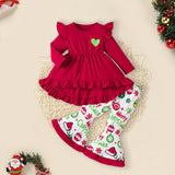 Toddler Baby Girls Christmas Clothes Ruffle Long Sleeve Heart Print Top, Flared Pants & Matching Headband Outfit Set
