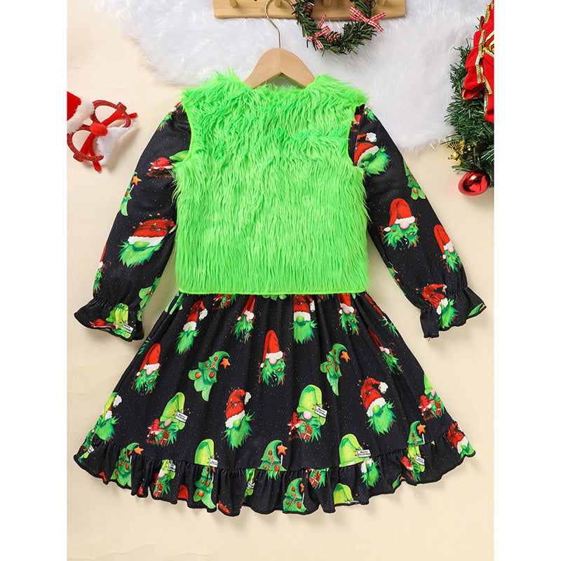 Toddler Kids Baby Girl Christmas Dress Set – Long Sleeve Cartoon Print Party Dress with Heart Print Vest Coat, Cute Holiday Outfit