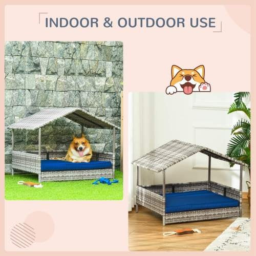 Rattan Dog House – Outdoor Canopy Bed with Waterproof Mat, Stylish Rattan Frame for Small & Medium Dogs