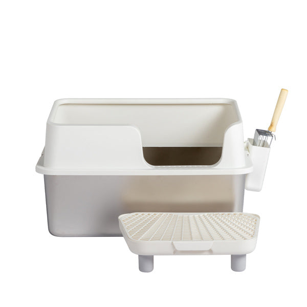 Stainless Steel Cat Litter Box with Plastic Buckle, Shovel & Foot Pad – White