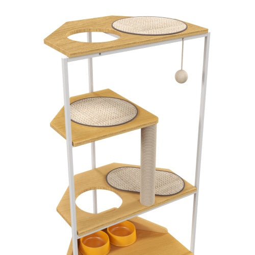 Cat Apartment with Feeding Station & Climbing Platform – Multi-Functional Indoor Pet Furniture with Condo, Scratch Posts & Elevated Bowls