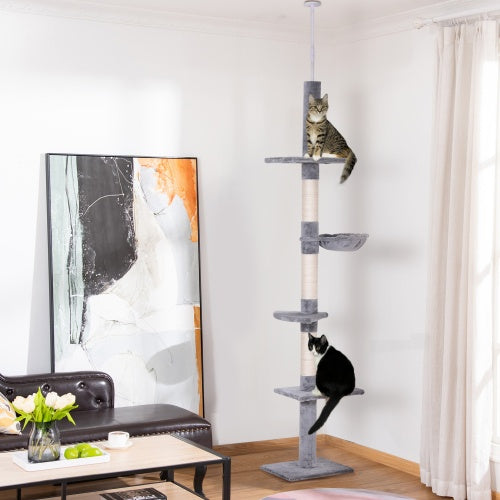 PawHut 9′ Adjustable Floor-to-Ceiling Vertical Cat Tree – 5-Tier Plush Platforms with Sisal Scratching