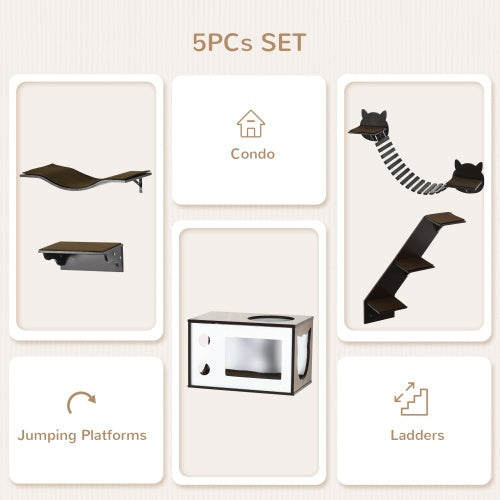 PawHut Cat Shelves – Wall-Mounted Cat Tree with Curved Platform, Cozy House, Bridge, Easy Stairs & Flat Perch, Coffee Brown