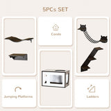 PawHut Cat Shelves – Wall-Mounted Cat Tree with Curved Platform, Cozy House, Bridge, Easy Stairs & Flat Perch, Coffee Brown