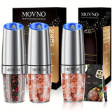 [Gravity Electric Grinder] Automatic Gravity Electric Salt and Pepper Grinder Set - Battery Powered LED Light One Hand Operation - Adjustable Coarseness Mill Grinders Shakers Black, Kitchen Gadgets Gift Ideas - PulinGO