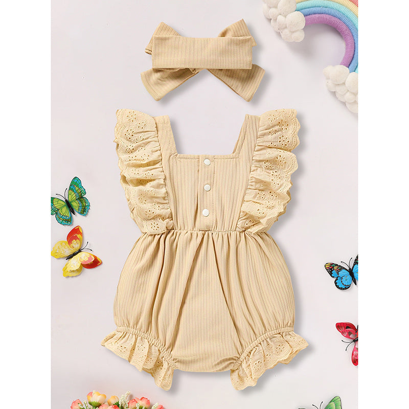 Infant Baby Girl Solid Color Onesie Outfit – Square Neck Bow Romper with Matching Headband, Cute Summer Clothes for Toddlers