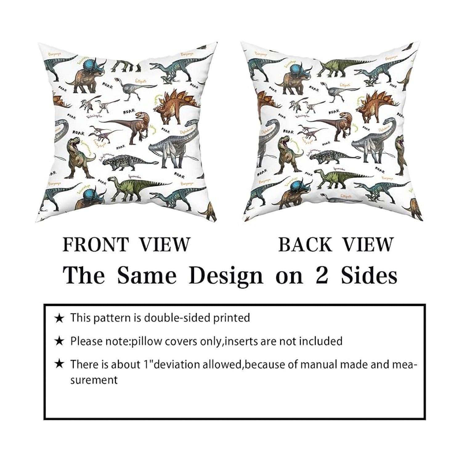 Wild Dinosaur Pillow Cover – 18”×18” Square Cotton-Poly Blend with Tyrannosaurus, Brachiosaurus & Triceratops for Boys’ Room Decor