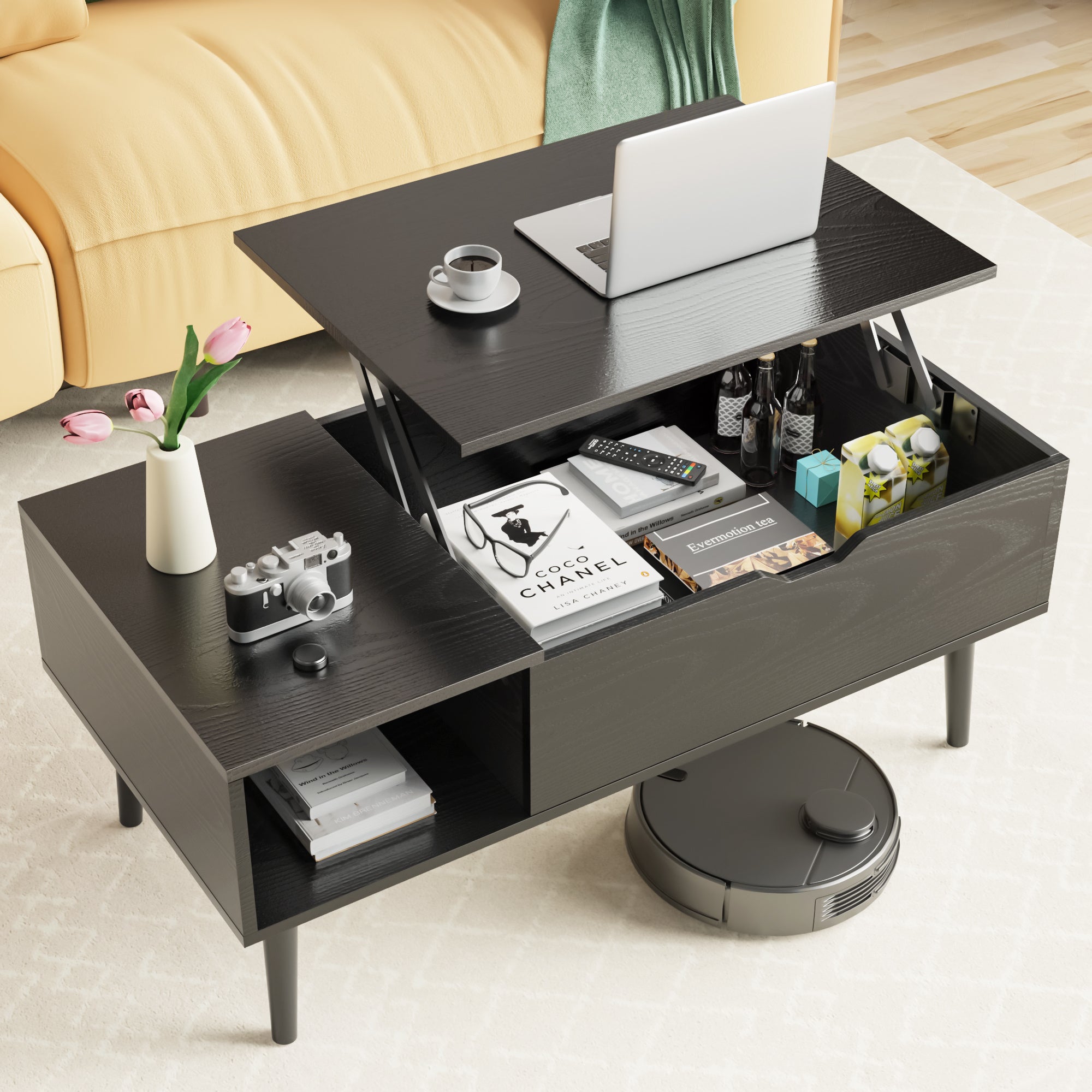 Industrial Lift Top Coffee Table with Hidden Storage - Rustic Living Room Center Table