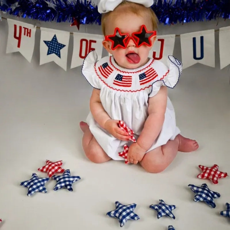 Baby Girl 4th of July Bubble Romper – Smocked Fly Sleeve Bodysuit 🇺🇸