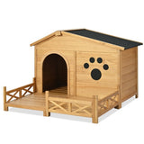 48" Wooden Dog House with Porch – Outdoor/Indoor Kennel with Water-Resistant Asphalt Roof, Fencing & Paw Print Design