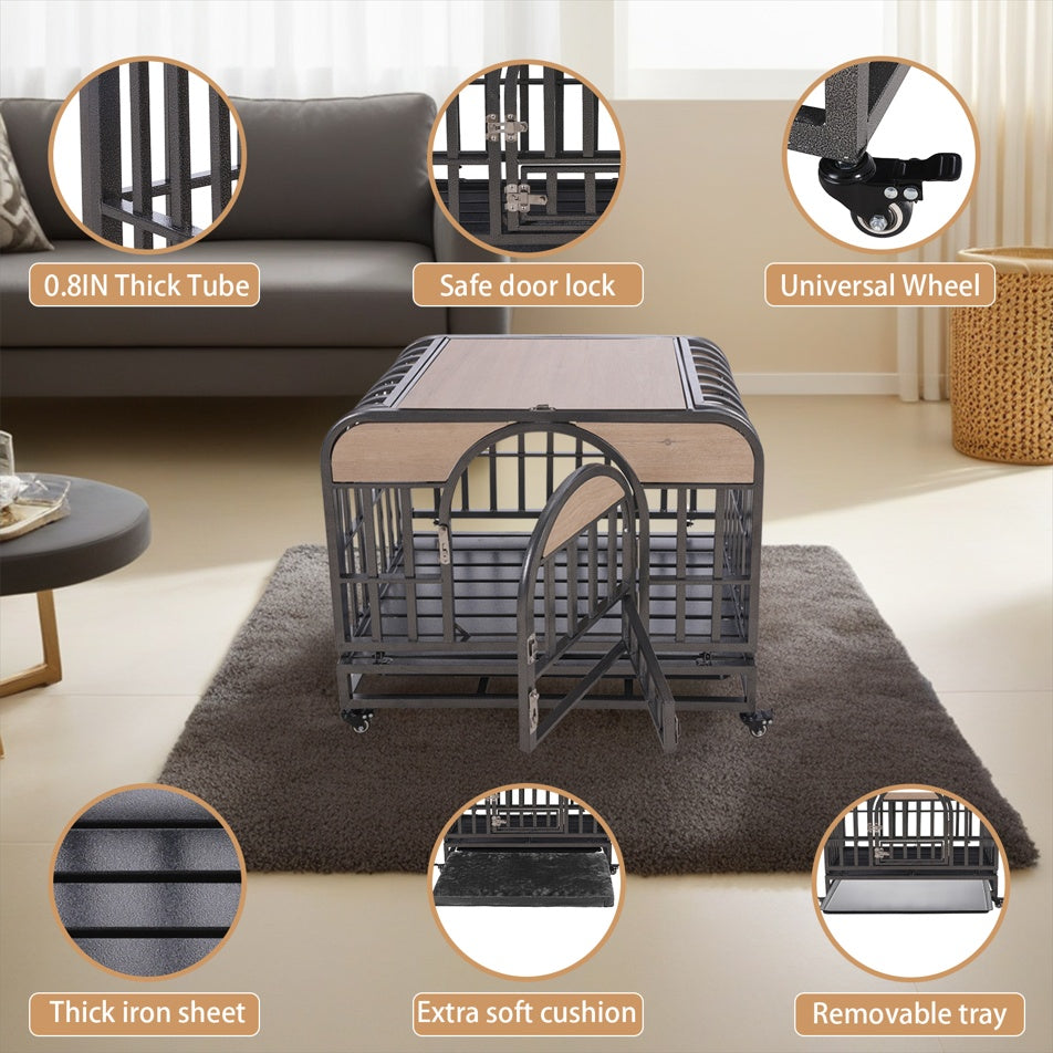 46" Heavy-Duty Furniture-Style Dog Crate with Removable Trays & Wheels