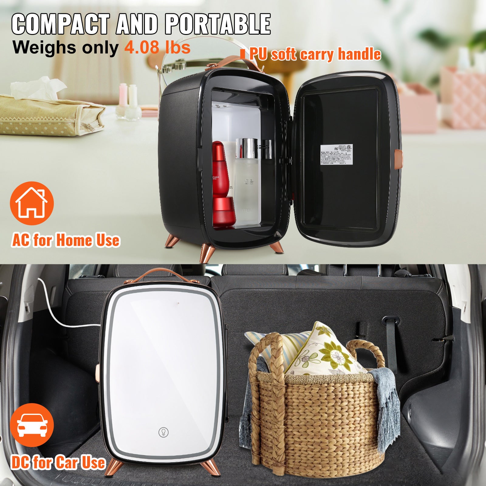 VEVOR 6L Skincare Fridge with LED Mirror Door - Portable Mini Fridge for Cosmetics, Food & Drinks
