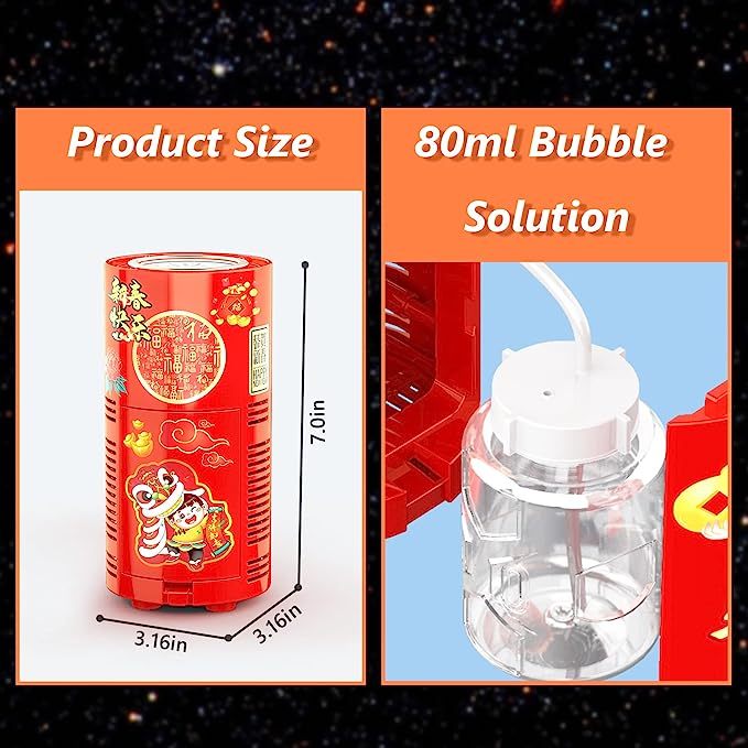 Fireworks Bubble Machine – 80 ml Bubble Solution, Automatic Portable Bubble Maker with Lights, Music & Closeable Design, Ideal for Kids’ Parties and Outdoor Fun