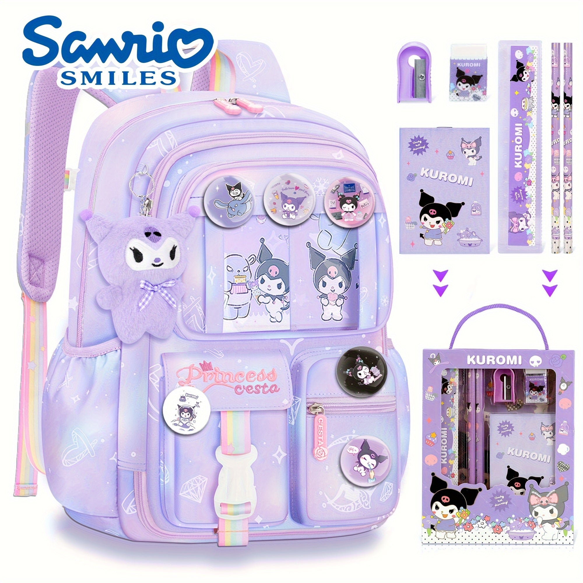 Sanrio Kuromi Multi™ Bag Set – Shoulder Bag & Backpack with Plush Pendant, 6 Badges & Stationery Set – Ultra-Light Travel Essentials