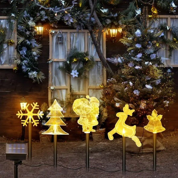 5-Piece Mixed Christmas Solar Stake Lights – Reindeer, Snowflake, Bell, Christmas Tree & Santa Claus, Warm Yellow LEDs, IP44 Waterproof